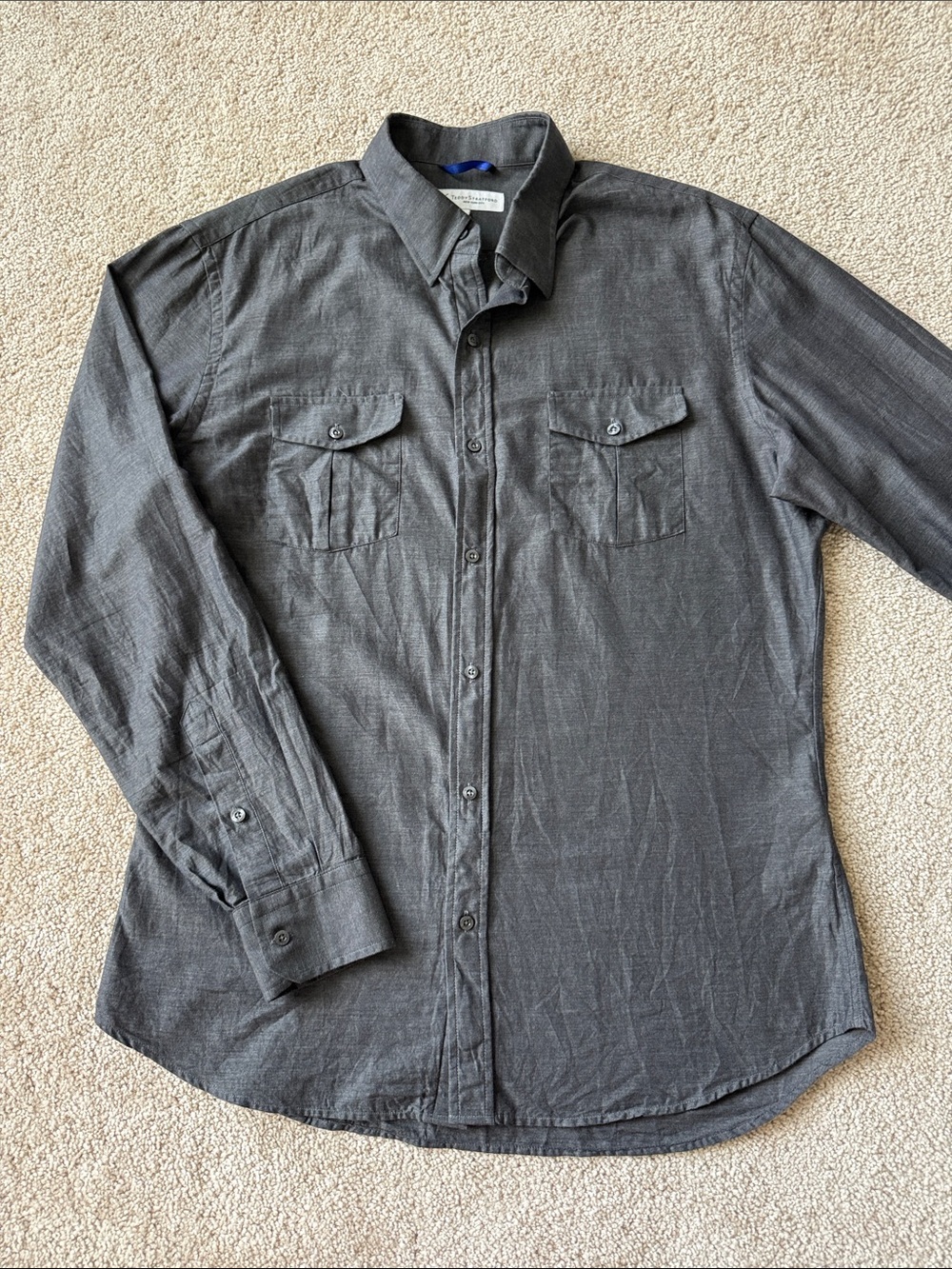 Teddy Stratford Grey Button Down Zipper Long Sleeve Pocket Shirt
